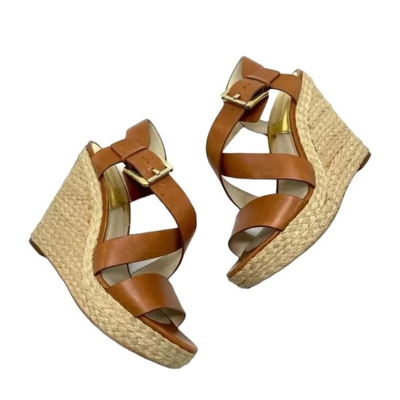 MICHAEL Michael Kors Shoes - MICHAEL Michael Kors Celia Mid Leather Brown Wedge Espadrille Sandals Size 8